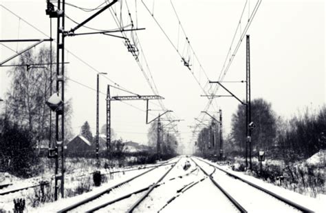 Railway Track In Winter Black And White Stock Photo Download Image