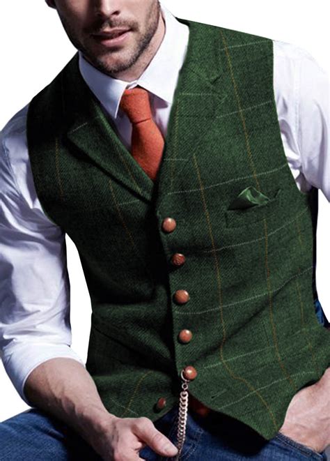 Mens Vintage Vests Suit Wool Herringbone Tweed Waistcoat Notch Lapel