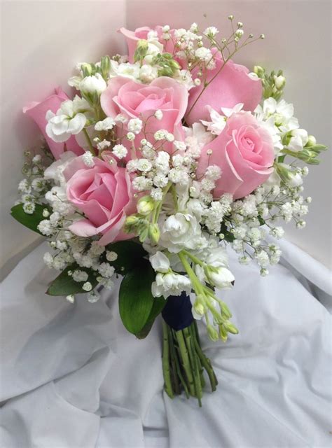 Bridal Bouquet With Pink Roses White Mini Carnations And Babys Breath