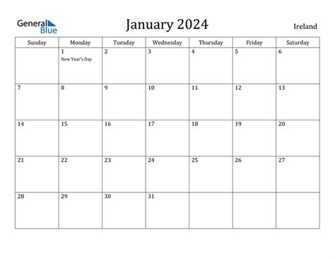 Ireland January 2024 Calendar With Holidays