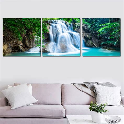 3 Panel Green Forest Waterfall Canvas Wall Art Print Painting Nature