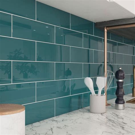 Giorbello Dark Teal 4 In X 12 In X 8mm Glass Subway Tile Sample Trendy Kitchen Backsplash