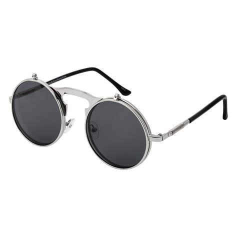 Silver Smoke High Quality Vintage Round Flip Up Steampunk Unisex Sunglasses Steampunk