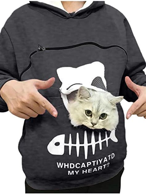 Himone Women Animal Pouch Hoodie Tops Carry Cat Breathable Kitty