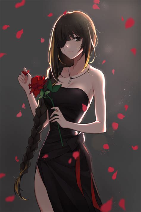 A Woman In A Black Dress Holding A Red Rose With Petals Falling Around