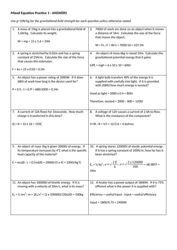Physics Equations Practice Questions Teaching Resources