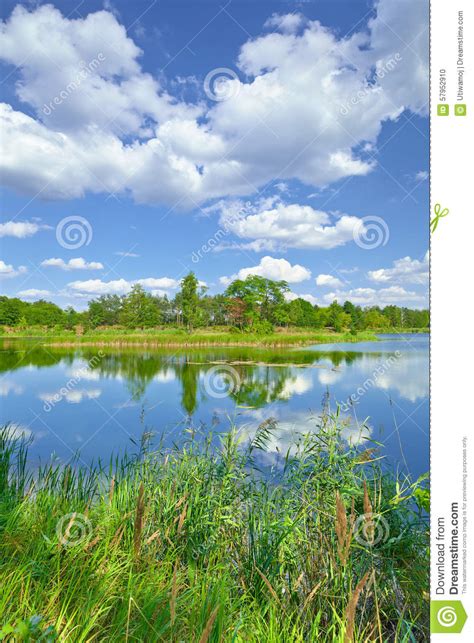Spring Summer Landscape Blue Sky Clouds River Pond Green Trees Stock