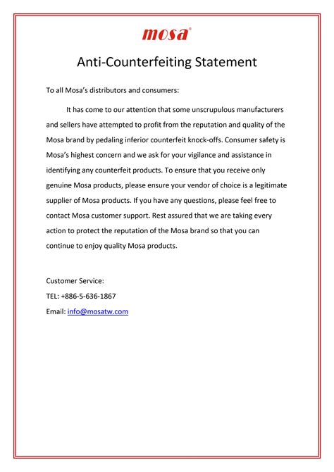 Anti-Counterfeiting Statement - Mosa Industrial Corp.