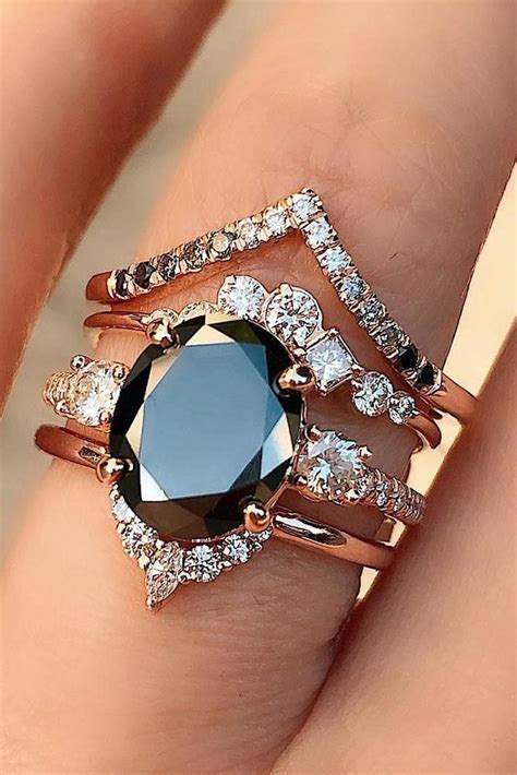 Black Diamond Engagement Rings Unique Wedding Ring Sets Three Stone