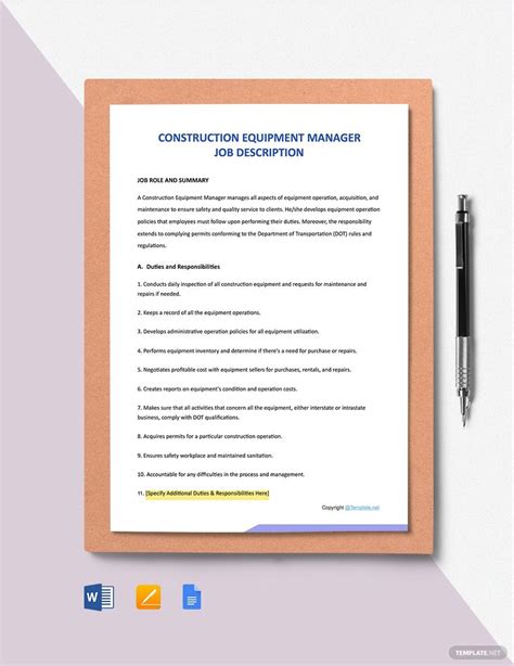 You can make your firm stand out from your competitors by noting your unique company culture, mission, and values. Free Construction Equipment Manager Job Description ...