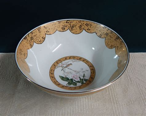 Ko Kutani Japanese Bowl Bird Cherry Blossom Porcelain Large Rice Bowl Decorative Fruit Bowl Fine