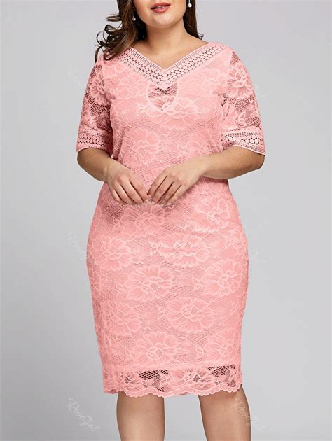 Off Plus Size V Neck Midi Lace Dress Rosegal
