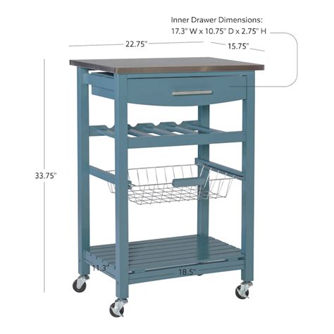 Linon Blue Wood Base With Stainless Steel Metal Top Rolling Kitchen