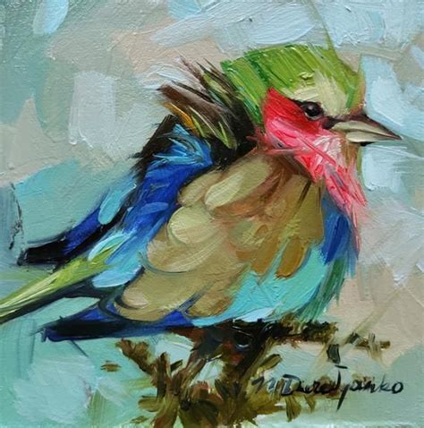 Original Bird Painting 4x4 Colorful Small Bird Art Picture In Blue