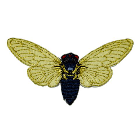 An Embroidered Patch Of The Periodical Cicada With Wings Outstretched Featuring Dark Blue Red