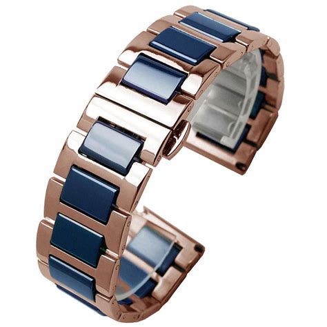22mm Watch Band Rose Gold Two Tone With Blue Ceramic Strap Stainless