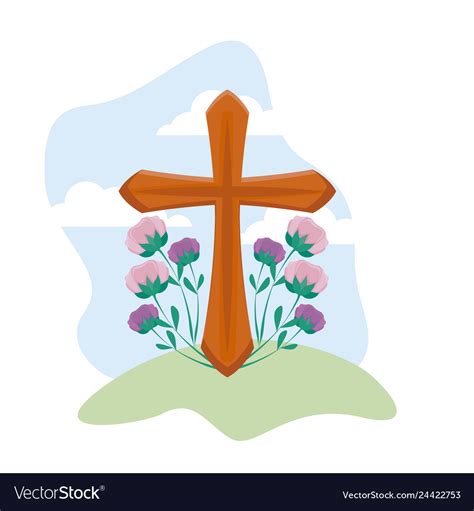 Cross Catholic With Flowers In Grass Royalty Free Vector