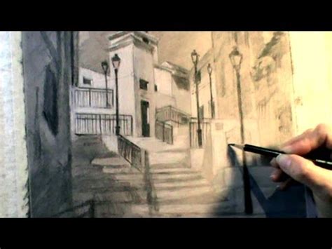 Dibujo en blanco y negro sobre papel gris. Cuesta de San ...