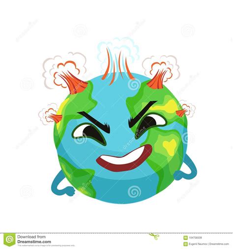 Angry Earth Planet Character With Volcanoes Erupting Cute Globe With