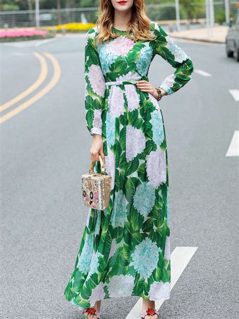 Shop Green Flowers Print Sequined Maxi Dress Online Shein Offers Green