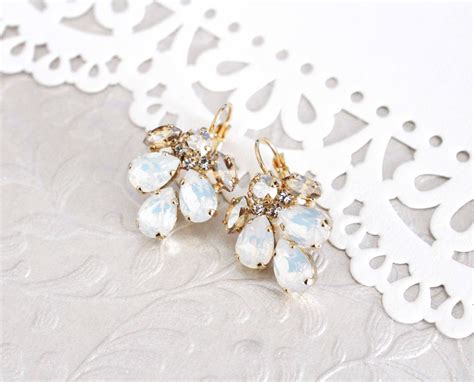 Crystal Bridal Earrings White Opal Wedding Earrings Bridal Jewelry