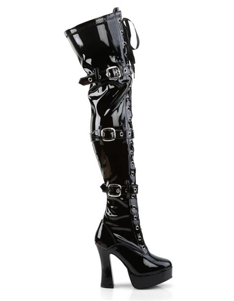 Gothic Thigh High Black Patent Boots With Buckles Sexy Womens Boots