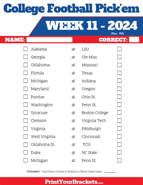 Printable Week 11 College Football Pick Em Sheets 2024