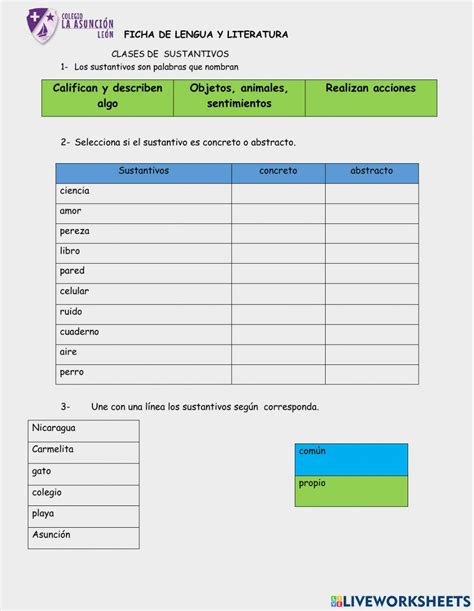 Sustantivos Exercise For Tercer Grado Live Worksheets