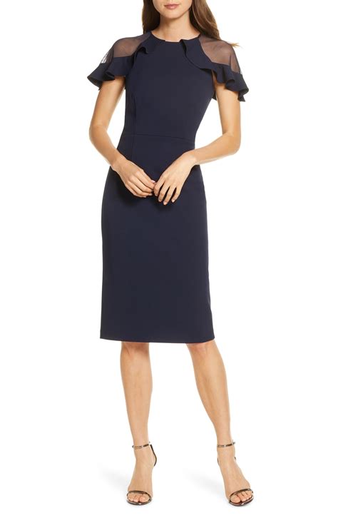 Eliza J Sheer Ruffle Shoulder Cocktail Dress Nordstrom V Neck Cocktail Dress Mesh Cocktail