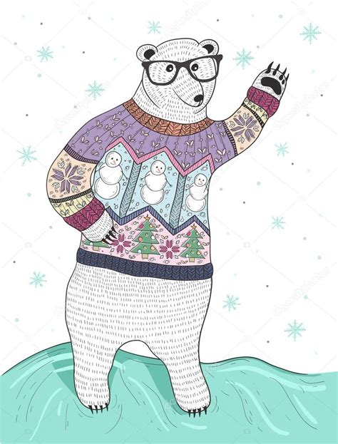 Cute Hipster Polar Bear With Glasses And Christmas Sweater — Stock