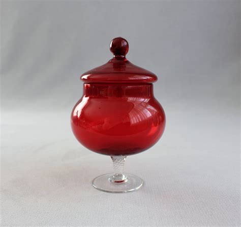 vintage ruby red crystal dish sugar bowl candy dish dish with lid red glass vase red vessel