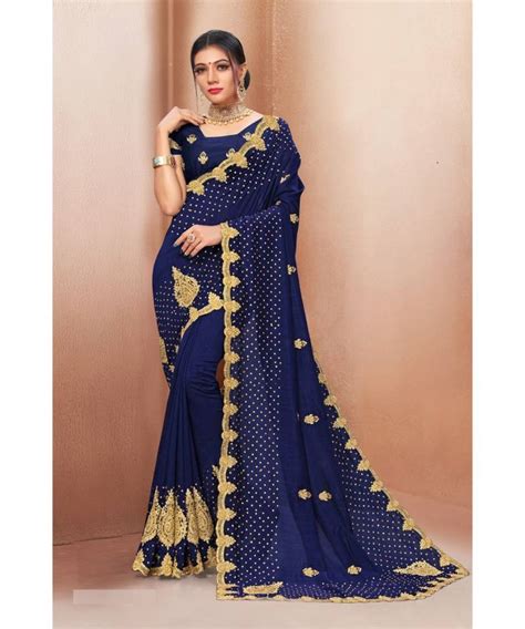 Navy Blue Poly Silk Embroidered Heavy Work Saree Indian Women Fashions Pvt Ltd 3340954