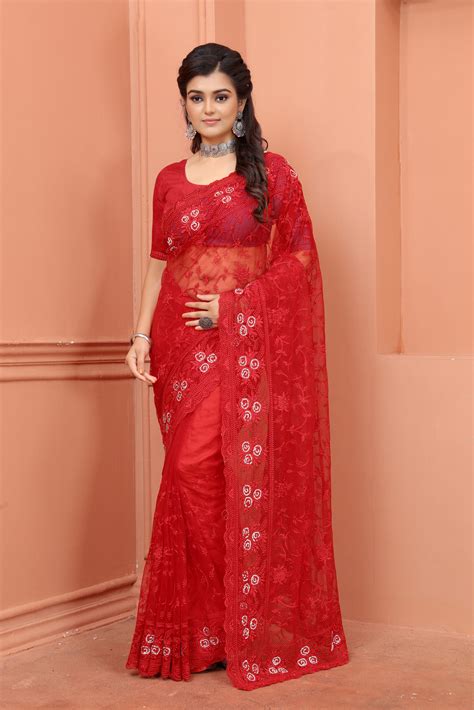 Dark Red Net Saree For Wedding Net Saree Design 2022