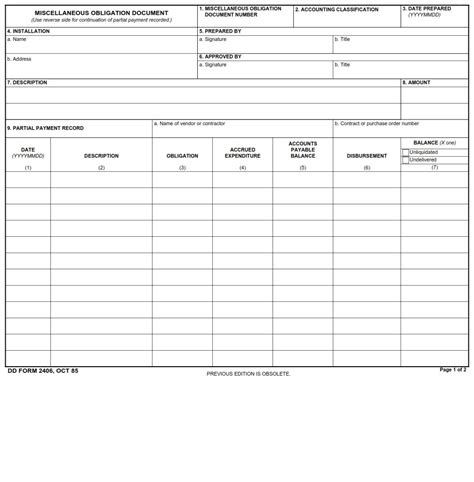 Dd Form 2406 Miscellaneous Obligation Document Dd Forms