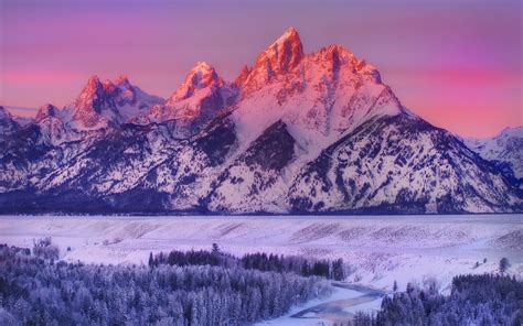 Snow Mountains Purple Sunrise Desktop Wallpaper