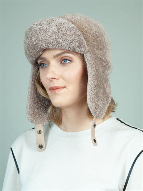 Beige Sheepskin Hat With Ear Flaps Handmade By Nordfur
