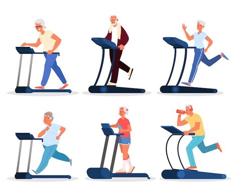 Premium Vector Old People In The Gym Seniors Training On Treadmill