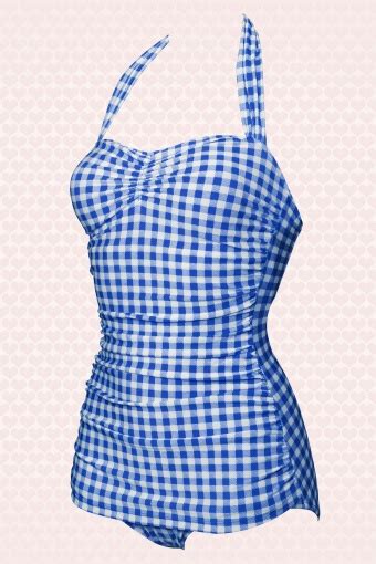 Classic Fifties One Piece Swimsuit Gingham Blue White