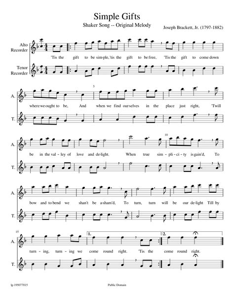 Simple Gifts sheet music for Recorder download free in PDF or MIDI