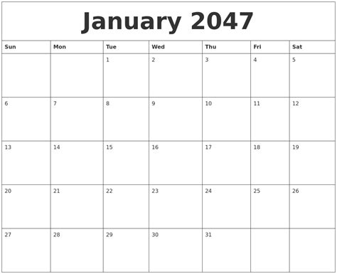 January 2047 Blank Printable Calendars