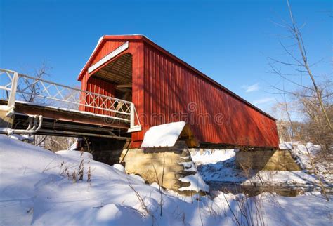 The Red Covered Bridge In Winter Stock Photo Image Of Building