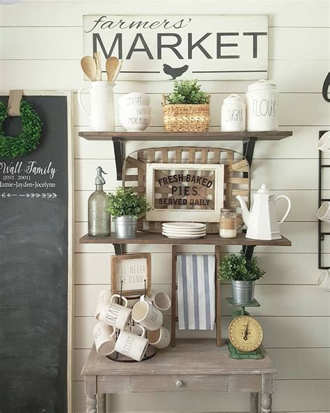 Farmhouse kitchen wall décor with open shelves. Kitchen Shelving. Open shelving. Rae Dunn. Farmhouse Style ...