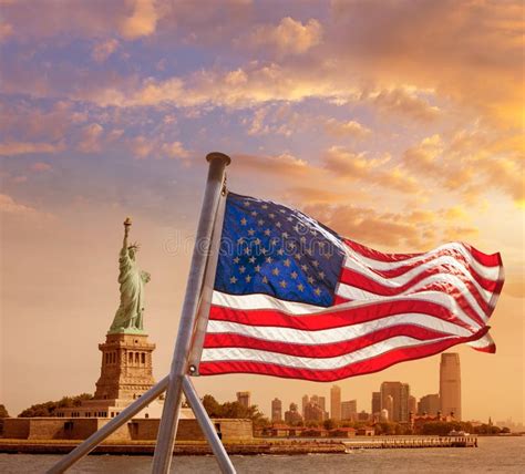 Statue Of Liberty New York American Flag Stock Photo Image Of