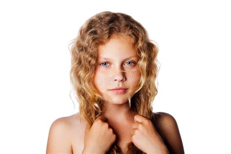Portrait Of Little Girl With Blonde Curly Hair Fashion Photo Stock