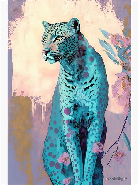 A Painting Of A Blue Leopard Sitting On Top Of A Rock Next To Pink Flowers