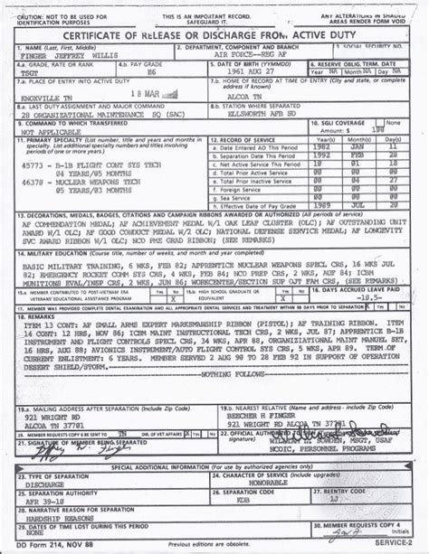 Dd Form 214 Jeff Finger Page 1 Of 2