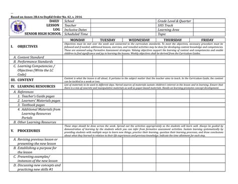 1 Shs Daily Lesson Log Dll Template By Based On Annex 2b To Deped