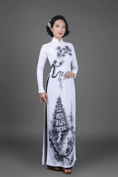 Vietnamese Ao Dai Dress In White Silk Fabric Hand Painted Pagoda