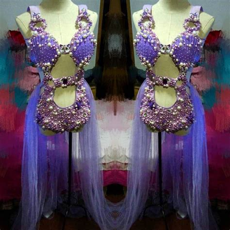 Purple Shell Pearl Crystals Bodysuit Three Piece Sets Shining Crystals