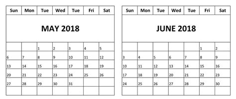 Calendar 2018 May June Printable Two Month Calendar Blank Calendar